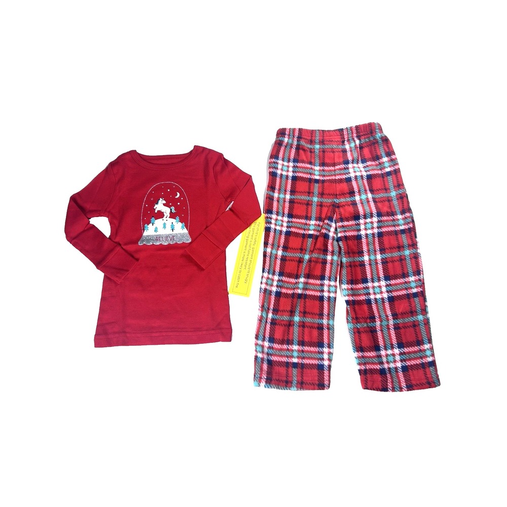 Cat & Jack Baby Girls 18M Red Unicorn Snow Globe Plaid Pajama Set 562250 NEW